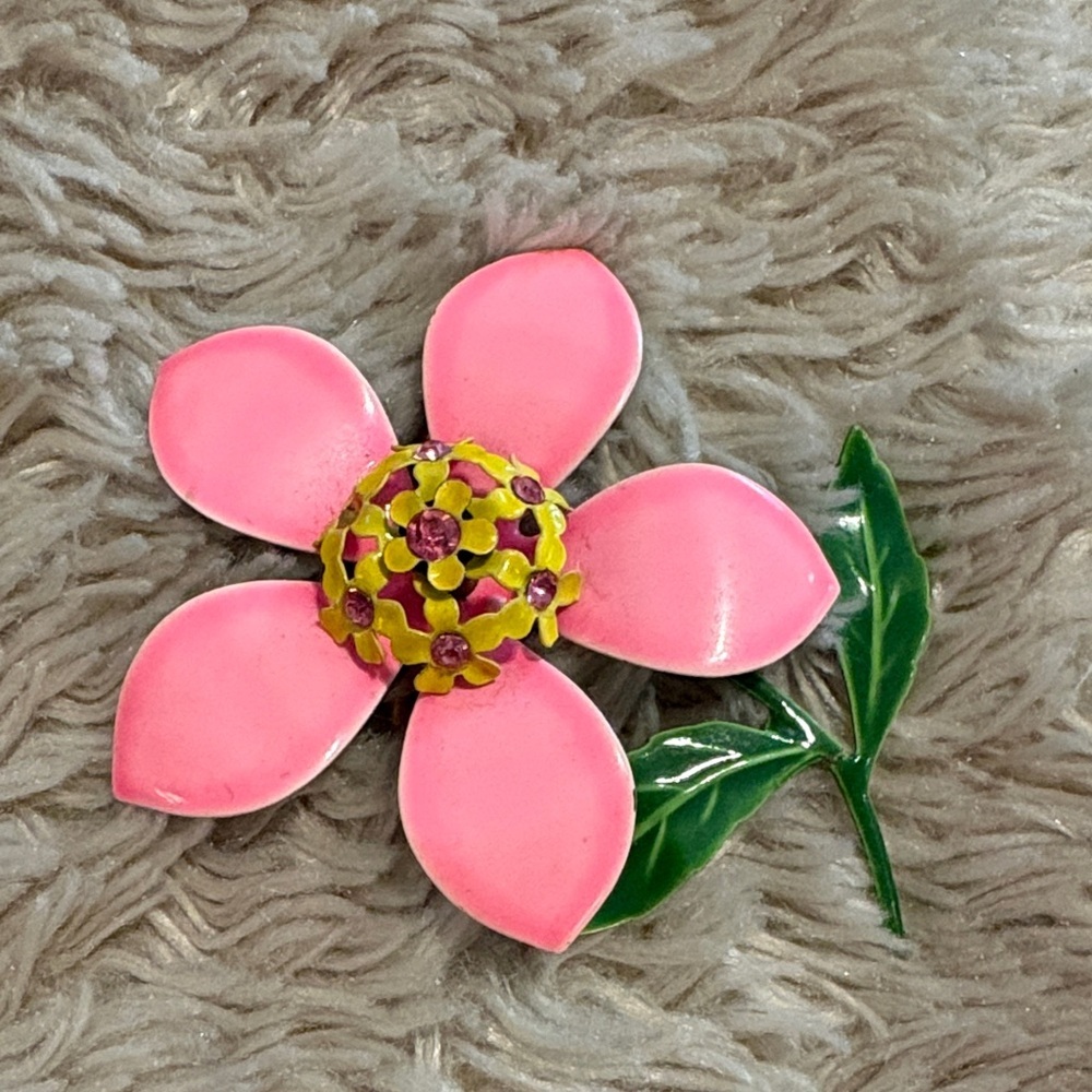Vintage 60s Enamel Rhinestone Mod Flower Hippie Brooch